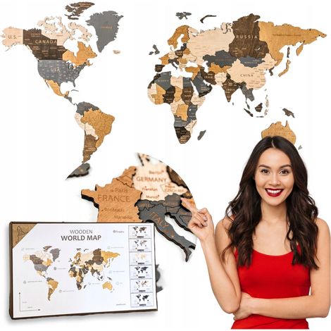 Carte du monde en bois 3D beige et marron 105 x 60 cm, décoration murale des villes (1/5)