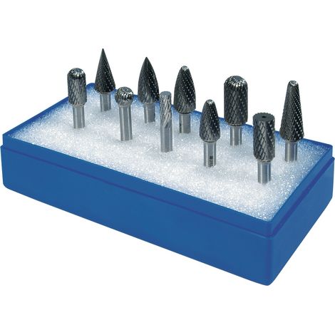 Juego de fresas rotativas Vástago-D.6mm 10-pzs.HM Cruz Cajas de plástico TECWERK (1/2)