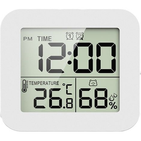 Wasserdichte Digitaluhr mit Wecker, batteriebetriebenem Timer, Hygrometer, Thermometer, Datumsanzeige, 12/24-Stunden-Anzeige, großem LCD-Display, für drinnen und draußen, Reise, Weiß (1/5)