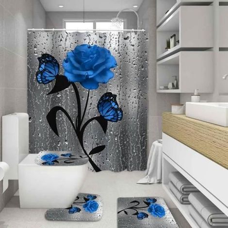 Ensemble Salle De Bain - Rideau Douche Et Tapis - Imprimé Papillon 3D - Rose - 4 Pièces (1/4)