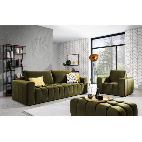 Ensemble 1 canapé convertible + 1 fauteuil + 1 pouf capitonné LARKO velours-Vert olive (1/2)