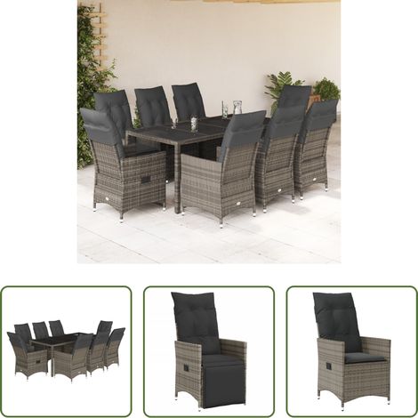 Gartentisch - 9-tlg. Garten-Essgruppe mit Kissen Grau Poly Rattan (1/5)