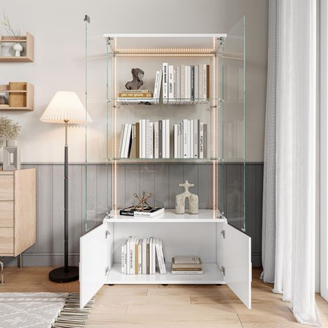 Vitrine avec éclairage LED RVB, portes doubles, verrouillable, vitrine en verre trempé, télécommande et application, meuble de rangement bas à trois niveaux - Blanc