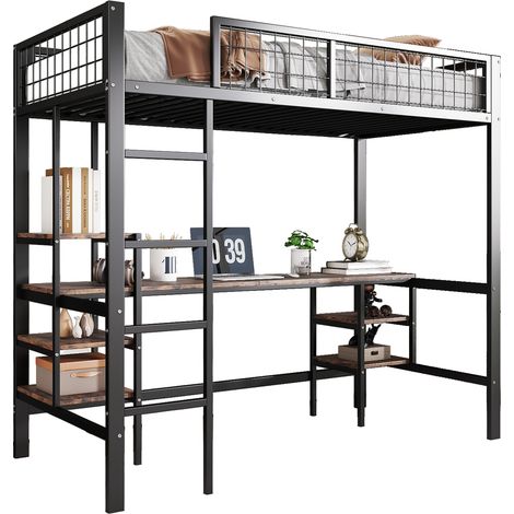 Litera de metal y madera negra 90x200 cm con escritorio y estanterías, escalera de 4 peldaños (1/5)