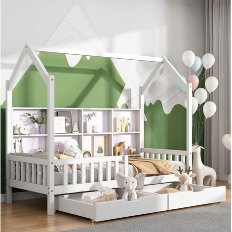 Letto a casetta in legno massello bianco 90x200 cm con libreria posteriore, 2 cassetti e rete a doghe (1/4)