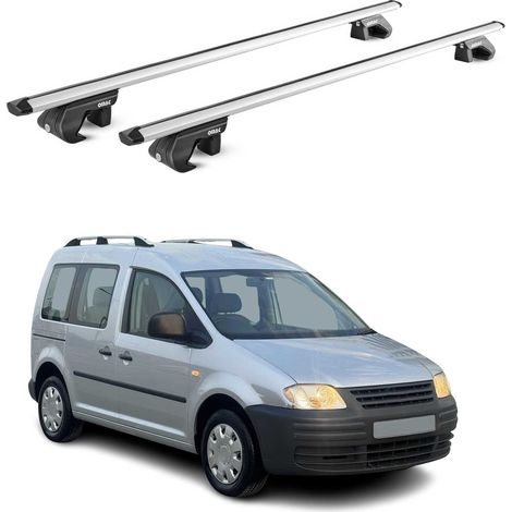 OMAC Dachträger Aluminium TÜV geprüft für VW Caddy III 2003-2020 – Für Standard Dachreling – T Nut – Max 90 kg – 2 Schlösser Silber (1/5)