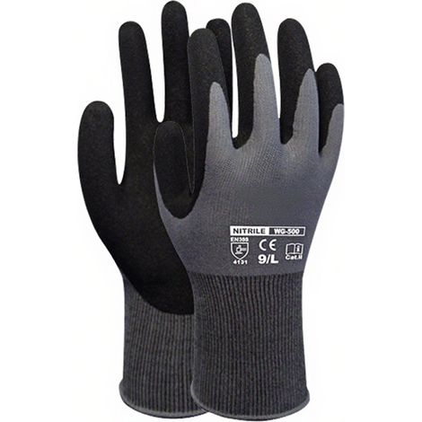Par de guantes de trabajo impregnados de nitrilo, guantes de seguridad para jardinería, mantenimiento y almacenamiento, para hombre y mujer (negro-gris, talla L) (1/5)