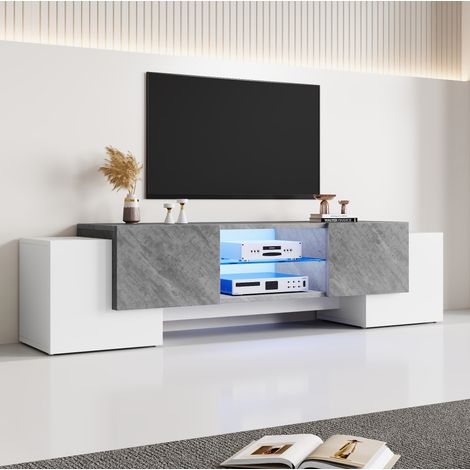 Mueble TV 180x40x46.5 cm blanco y gris en MDF con LED Bluetooth y almacenaje (1/5)