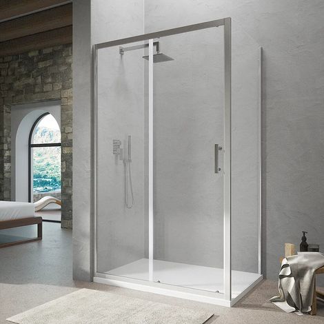 Box Doccia Angolare 70x120 cm Porta Scorrevole e Parete Fissa Profili in Allumimio Cromato Vetro 6 mm Trasparente con Trattamento Easy-clean h190 - Reversibile Mod. Tenerife (1/5)
