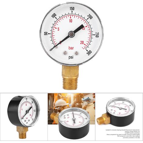 Manomètre 50mm filetage laiton 1/4 BSPT pour carburant, air, huile, gaz, eau (0-300 PSI, 0-20 bar) (1/5)