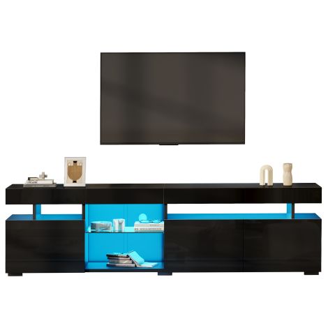 Meuble TV noir 180cm, 3 portes, étagères verre réglables pour TV 80 pouces