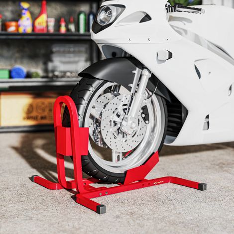 Lève moto béquille d'atelier béquille moto bloque roue 17 à 21 pouces patins antidérapants métal 60 x 55 x 43 cm rouge (1/5)