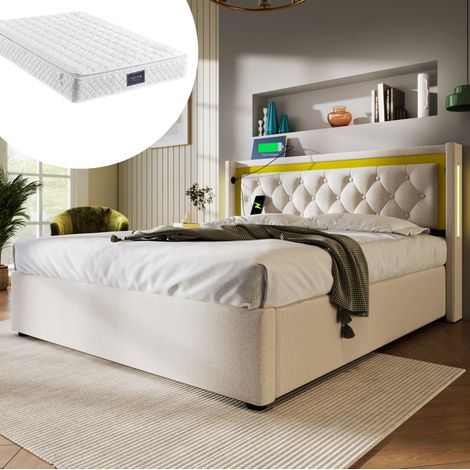 FLORAGRACE Lit coffre LED 140x200 cm en coton beige clair avec matelas, tête de lit capitonnée, ports USB et Type C (1/5)