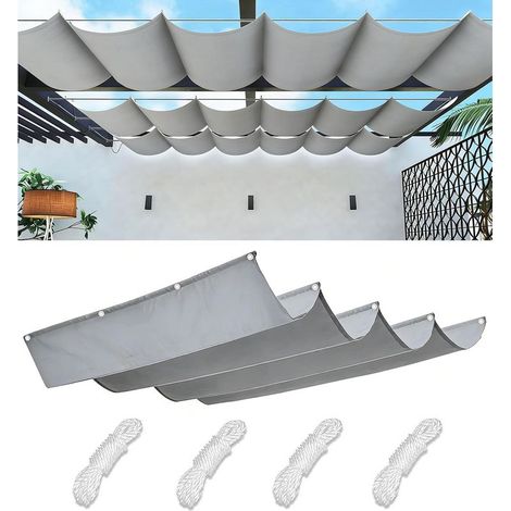 Ortviai Auvent rétractable en tôle ondulée avec tissu réglable, œillets et cordes, résistant au soleil, imperméable et anti-UV, adapté aux pergolas extérieures et espaces extérieurs, 0,9 x 4 m (1/5)