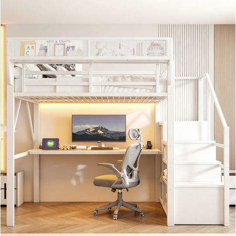 Lit mezzanine 140 x 200 cm en métal avec bureau, échelle, LED et rangement, blanc (1/5)