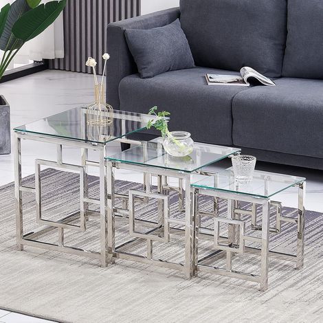 Jymtom – Ensemble de 3 tables basses gigognes en verre trempé – Cadre en acier inoxydable – Empilables et modulables – Design moderne