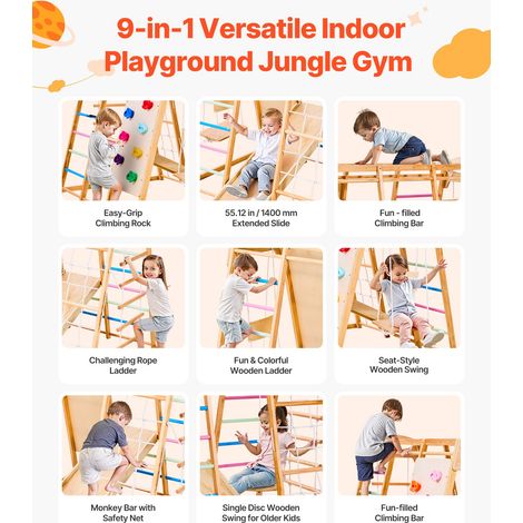 Aire de Jeux Intérieure en Bois 9-en-1, avec Barre de Singe, Balançoires, Toboggan, Échelle en Bois/Corde, Filet, Barre et Planche… (1/5)