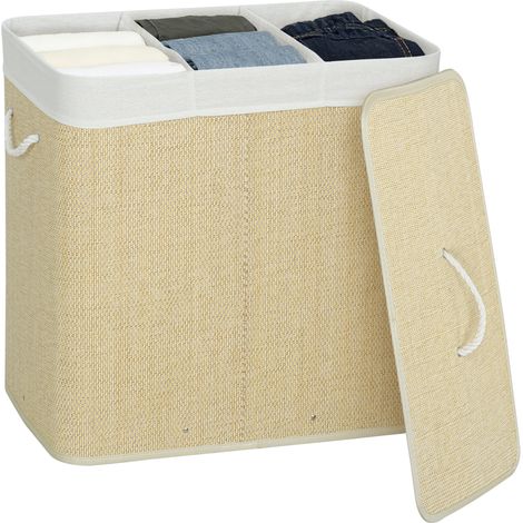HOMCOM cesto de ropa sucia con tapa, 144L, cesta ropa sucia de bambú con 3 compartimentos, bolsa extraíble y lavable, asas, 60x40x60 cm, crema