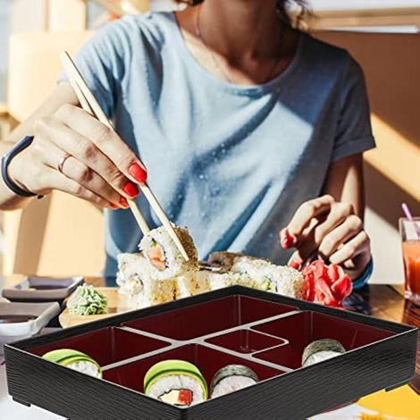 Boîte à sushis Bento avec couvercle, plateau à sushis japonais, boîte à déjeuner, récipient de transport alimentaire, l'école, 30x20x10 cm (revêtement grain de bois noir)
