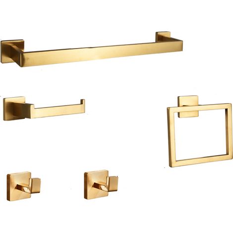 Ensemble de pendentifs en acier inoxydable, ensemble de cinq pièces, porte-serviettes carré sans poinçon, doré(Remarque : perçage requis ) (1/5)