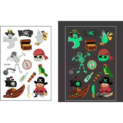 Lot de 2 feuilles d'autocollants phosphorescents pirates - Tatouages temporaires glow in the dark - Pour enfants - Accessoire de fête (1/4)