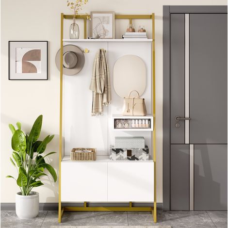 Vestiaire d'entrée 78x38.5x180.5 cm blanc en MDF et métal avec miroir, banc à chaussures et rangement (1/5)