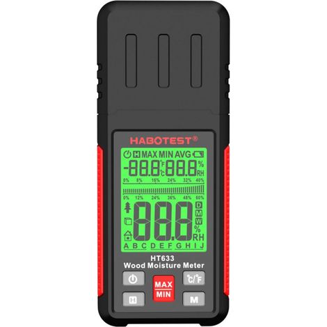 Hygrometre - Affichage LCD 2,25 Pouces - Rétroéclairage Tricolore - 7 Échelles d'Étalonnage - Pour Bois et Plâtre - Type À Broches - Alimenté Par Piles
