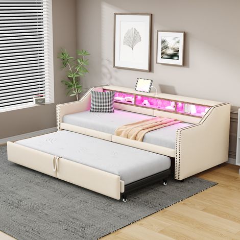 Sofá cama extraíble de tela beige de 90/180x200 cm con LED, USB y base de láminas.