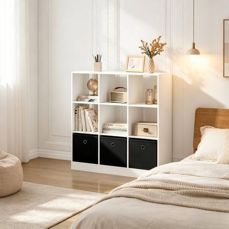 MEUBLIV Bibliotheque etagere cube sur pied blanche et noire avec 3 tiroirs en tissu (1/5)