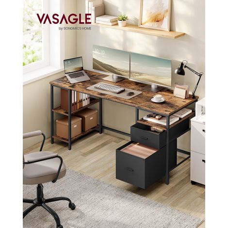 Vasagle – Bureau d’ordinateur 160 x 60 x 76 cm – 2 tiroirs en tissu – 3 étagères amovibles – Structure en acier robuste – Style industriel marron rustique