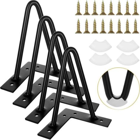 Ecleanfy - Lot de 4 Pieds de Table en Épingle à Cheveux 15 CM, Pied de Table Basse Metal Noir avec des Vis, Pied Meuble Industriel pour Table Basse, Armoire, avec Protecteurs de Sol en Caoutchouc (1/5)