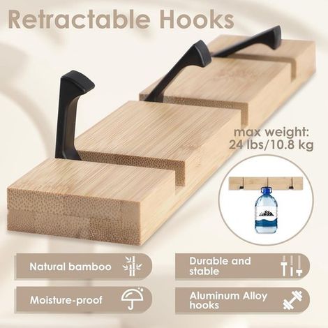 Perchero de pared con 3 ganchos extraíbles - Riel de aluminio que ahorra espacio para entrada, baño, dormitorio, oficina - Madera (1/5)