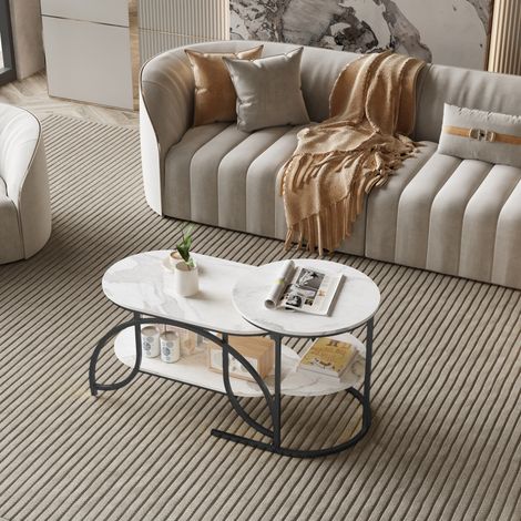 Meuble Table Basse,Table d'appoint, table de canapé 80 x 46 x 51,Table Marbre, Bout de Canapé, Noir + Blanc, pour salon, chambre à coucher