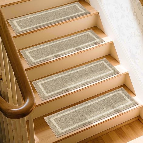Tapis Escalier 70 x 22 cm (15 pièces), Moquette Escalier Antidérapant avec Dos en TPE, Marchettes d'Escalier Lavable en Machine, Idéal pour Enfants, Personnes Âgées et Animaux-Beige (1/5)