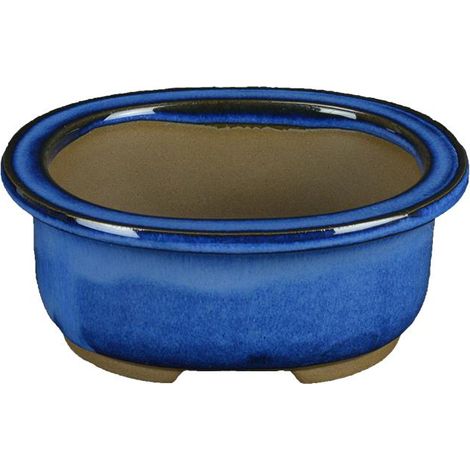 Vaso per bonsai Giapponese Morrisan ovale in gres smaltato blu 10,5x8,5x4,5 cm - B03-3-1B (1/4)