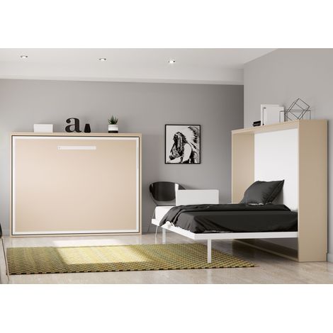 Lit escamotable horizontal 90x200 Paula cadre métallique --Coffrage Gris anthracite-Façade Noyer (1/5)