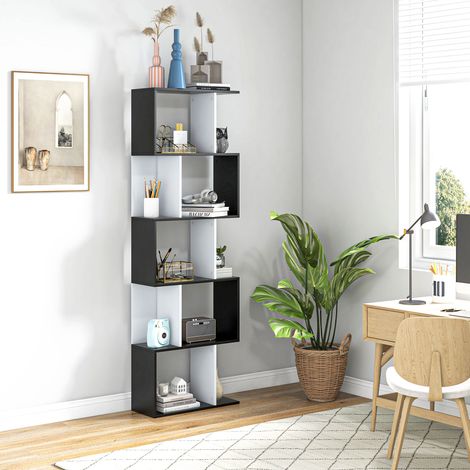 Bibliothèque en S 5 étagères, meuble de stockage noir et blanc 60x24x184,5 cm, idéal pour séjour, chambre ou bureau (1/5)