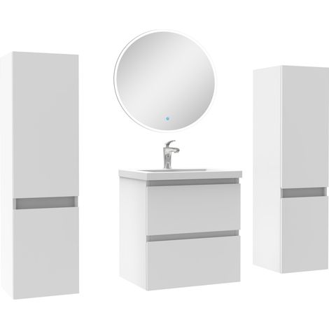 Ensemble meubles Salle de Bain avec colonne + miroir rond mural 50cm meuble blanc (1/5)