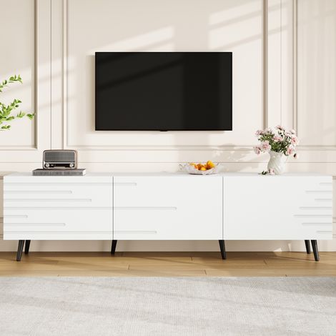 Meuble TV 180 cm blanc avec 3 portes abattantes, grand rangement, pour TV jusqu’à 80 pouces, style moderne en MDF