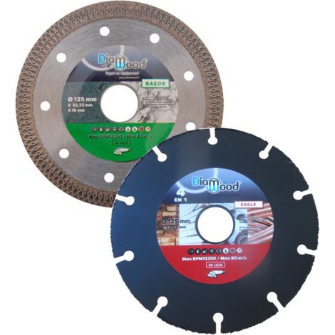 DIAMWOOD - Pack 2 Disques 125 mm - RAZOR Diamant Grès Cérame Marbre Carrelage - EAGLE Carbure Bois Plastique Plâtre Cuivre - Al. 22,23 mm - Rénovation (1/5)