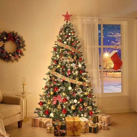 Sapin de Noël Artificiel 274 cm Enneigé, LED Blanc Doré, Pommes de Pin