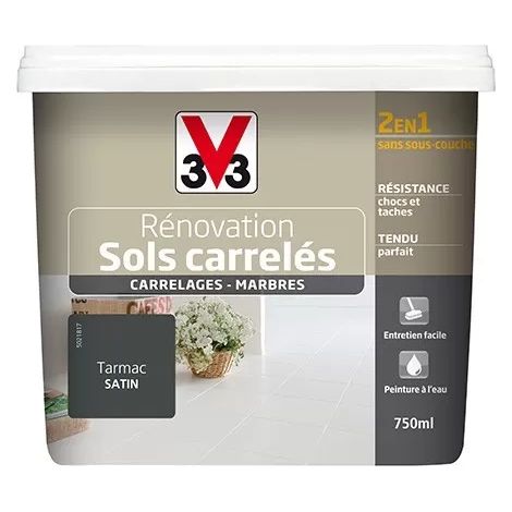 V33 – Peinture pour sol intérieur satin tarmac 0,75 L – Application directe sur carrelages et marbres – Peinture 2 en 1 sans couche préalable (1/3)