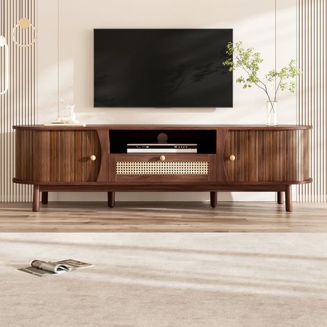 Meuble TV bas 165x37x46 cm avec 2 portes coulissantes rainurées, tiroir en cannage de rotin, niche ouverte, extrémités arrondies, effet noyer (1/5)