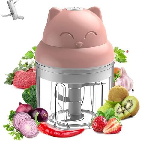 Mini-Elektro-Zerkleinerer, 250 ml kabellose elektrische Knoblauchpresse, tragbarer Gemüse- und Fleischwolf (Pink) (1/4)