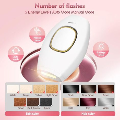 Épilateur à lumière pulsée IPL – Épilation définitive avec 5 niveaux d'énergie – Modes manuel et automatique – Zones : aisselles, jambes, visage