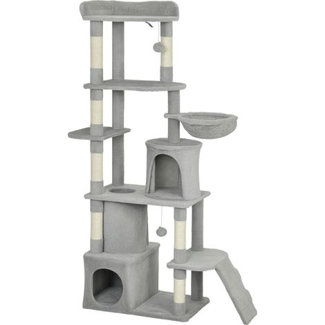 Arbre à chat multifonction 170 cm avec tunnels, cabanes, hamac et poteaux en sisal gris clair (1/5)