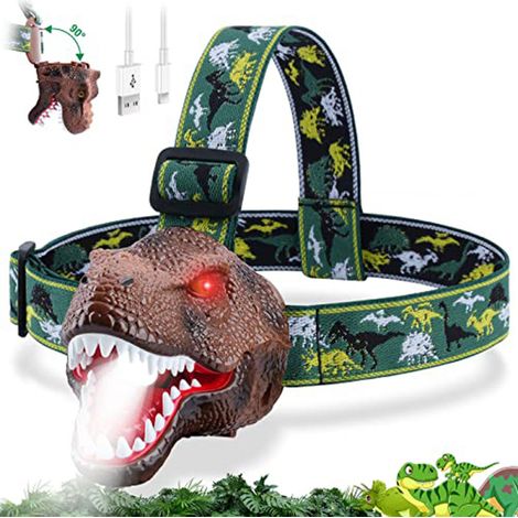 LED-Dinosaurier-Stirnlampe für Kinder mit verstellbarem Kopfband, unverzichtbar beim Camping, USB-aufladbar, Dinosaurier-Spielzeug, Taschenlampe für Jungen, Mädchen und Erwachsene, Geschenkidee.