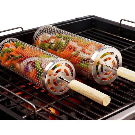 Lot de 2 paniers à roulettes pour barbecue, accessoires pour grillades en extérieur (1/5)