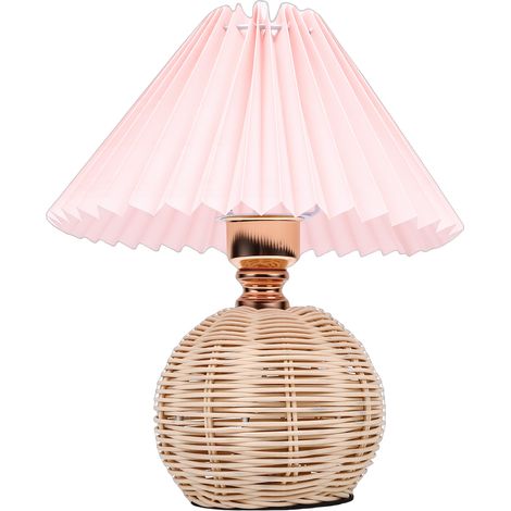 Plissee-Tischlampe, sanftgelber Leinenlampenschirm, Rattanfuß, Nachttischlampe fürs Schlafzimmer, rosafarben (1/5)