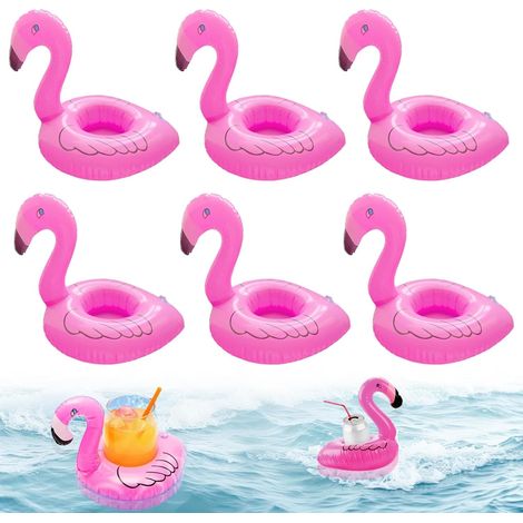 Lot de 6 porte-gobelets gonflables flottants, jolis dessous de verre flottants en forme de flamant rose, durables/robustes, peut contenir des tasses/canettes/bouteilles d'eau, pour la piscine, les (1/5)